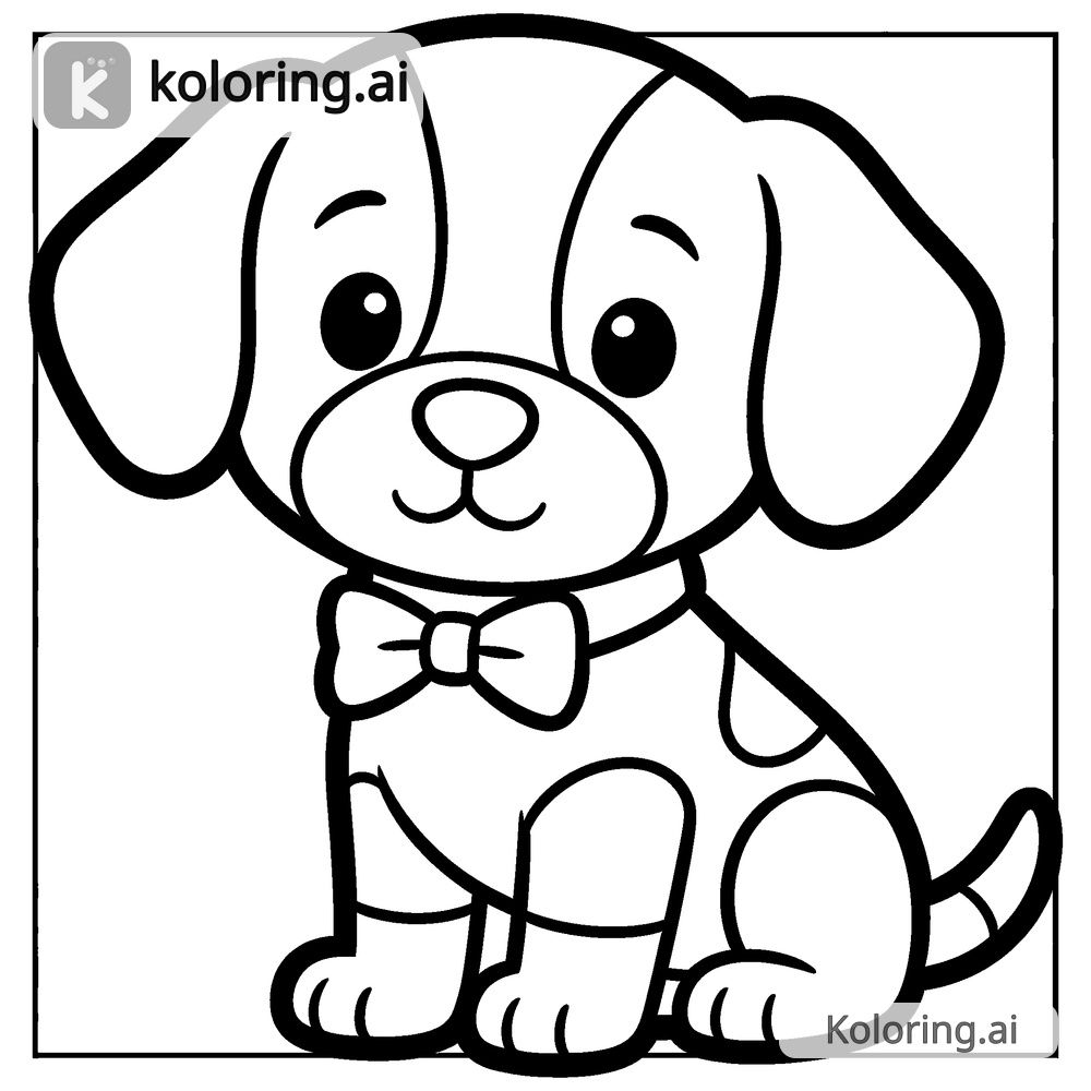 Black and white coloring page of bow tied to a puppy's collar
