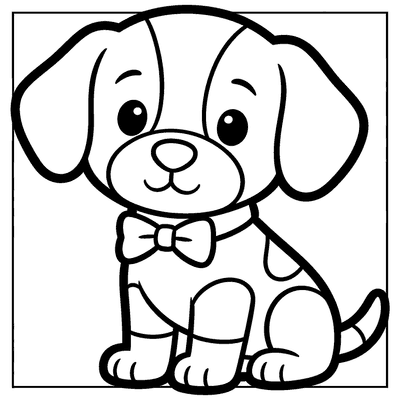 Black and white coloring page of bow tied to a puppy's collar