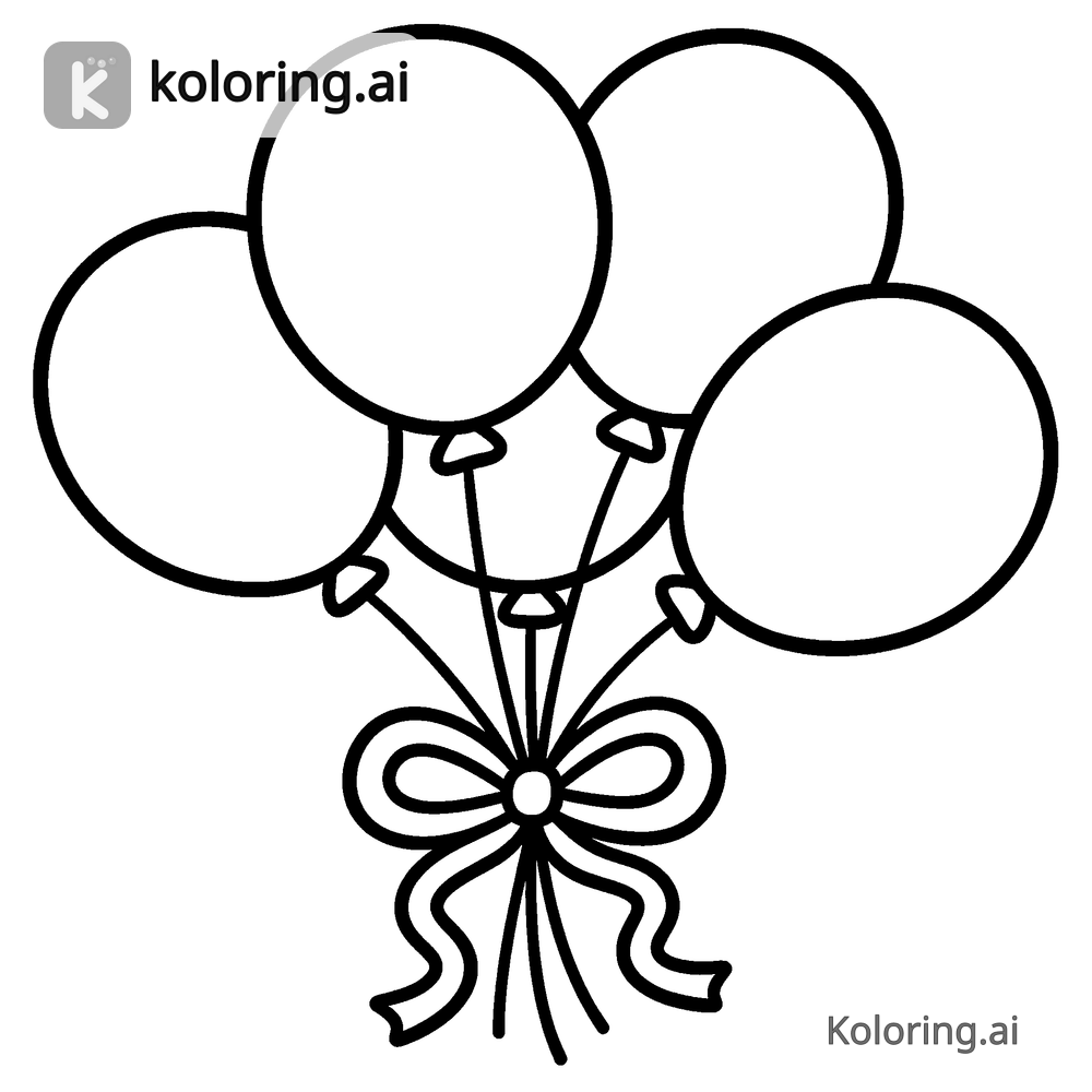 Black and white coloring page of bunch of balloons tied with a curly ribbon