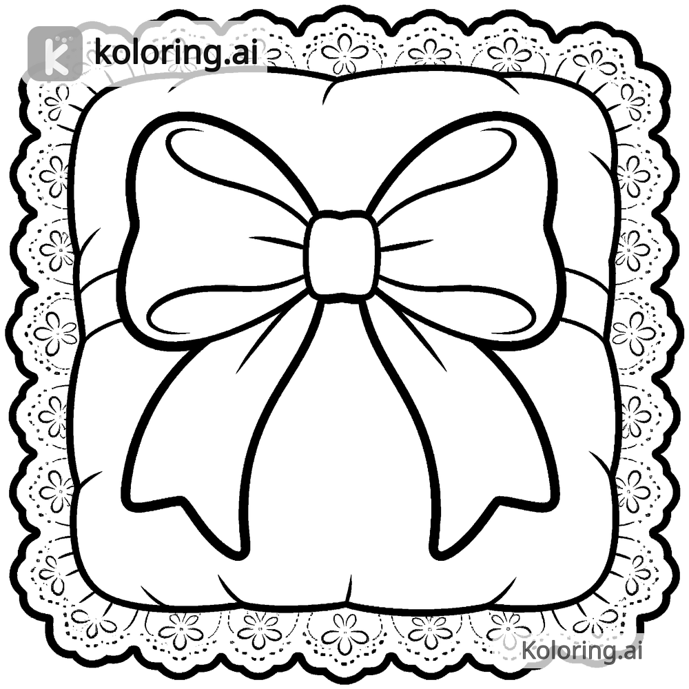 Black and white coloring page of coquette bow perched on a lace cushion