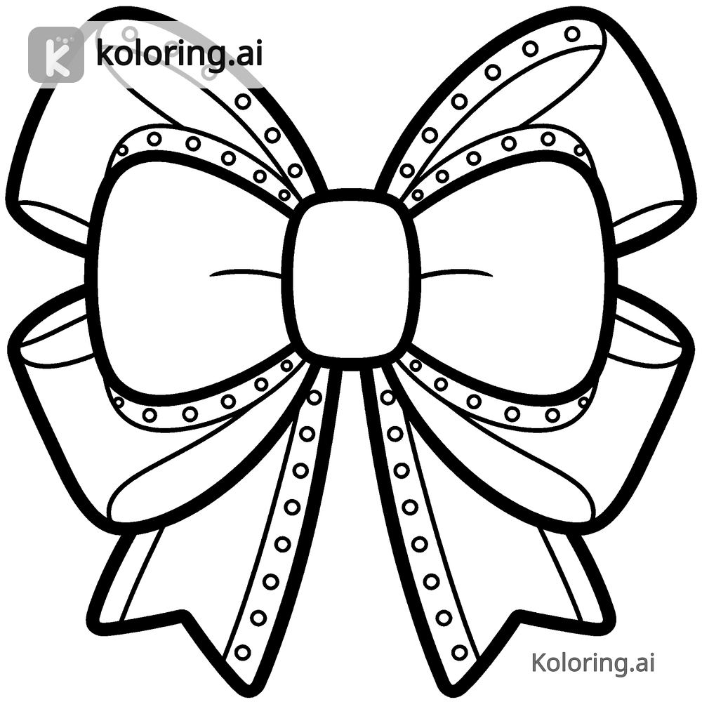 Black and white coloring page of layered bow with polka-dot ribbon trim