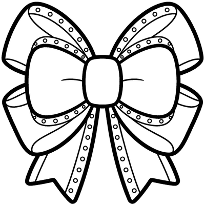 Black and white coloring page of layered bow with polka-dot ribbon trim