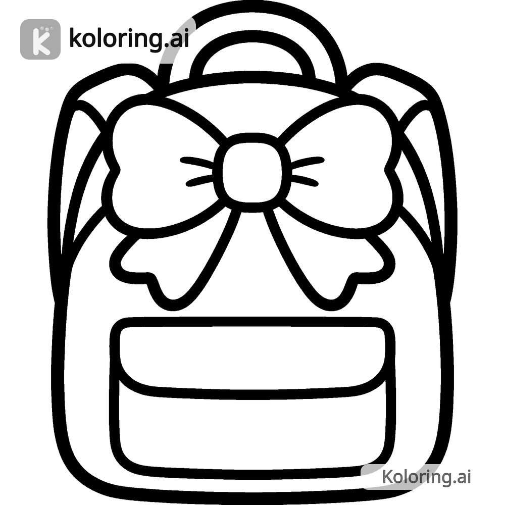 Black and white coloring page of oversized bow decorating a party backpack