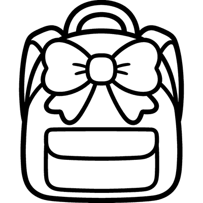 Black and white coloring page of oversized bow decorating a party backpack