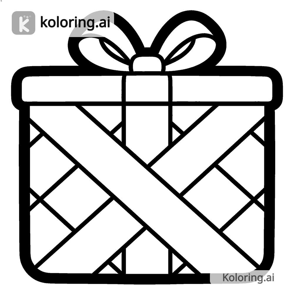 Black and white coloring page of present wrapped with crisscrossed ribbon