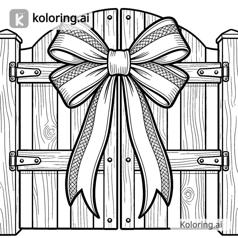 Black and white coloring page of ribbon bow fastened to a garden gate