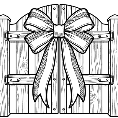 Black and white coloring page of ribbon bow fastened to a garden gate