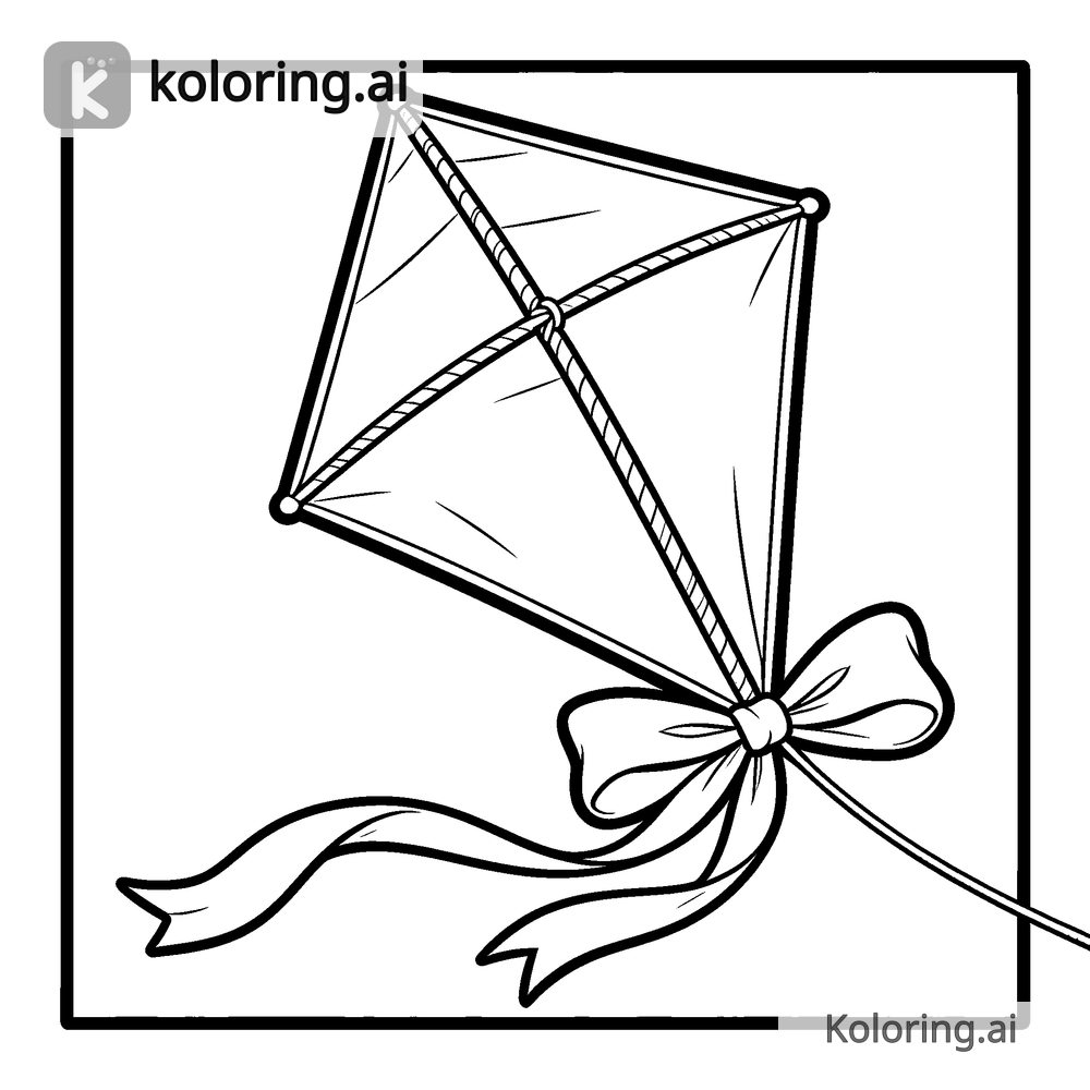 Black and white coloring page of ribbon bow fluttering on a kite string