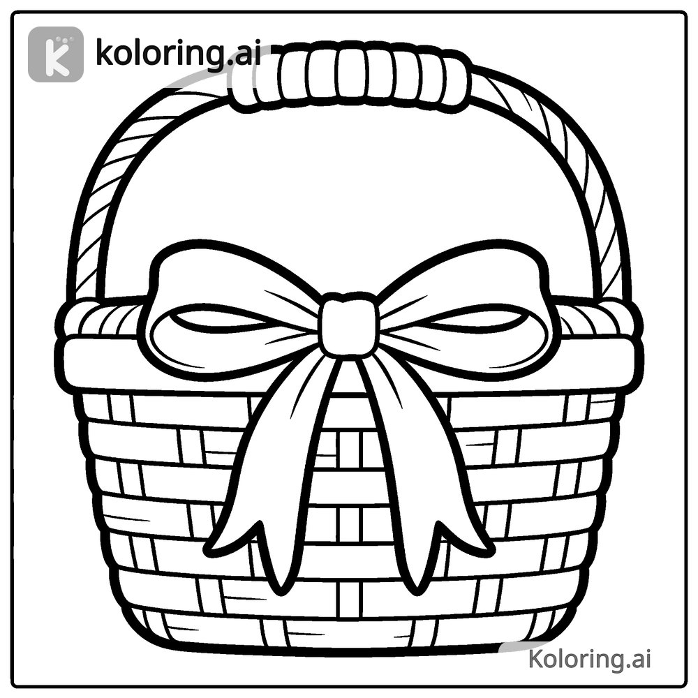 Black and white coloring page of ribbon bow tied around a picnic basket handle