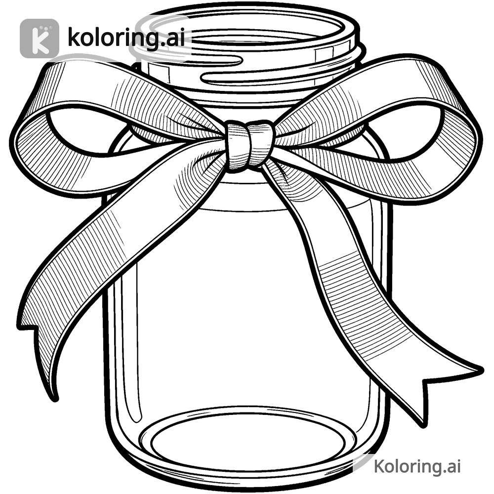 Black and white coloring page of ribbon bow wrapped around a glass jar