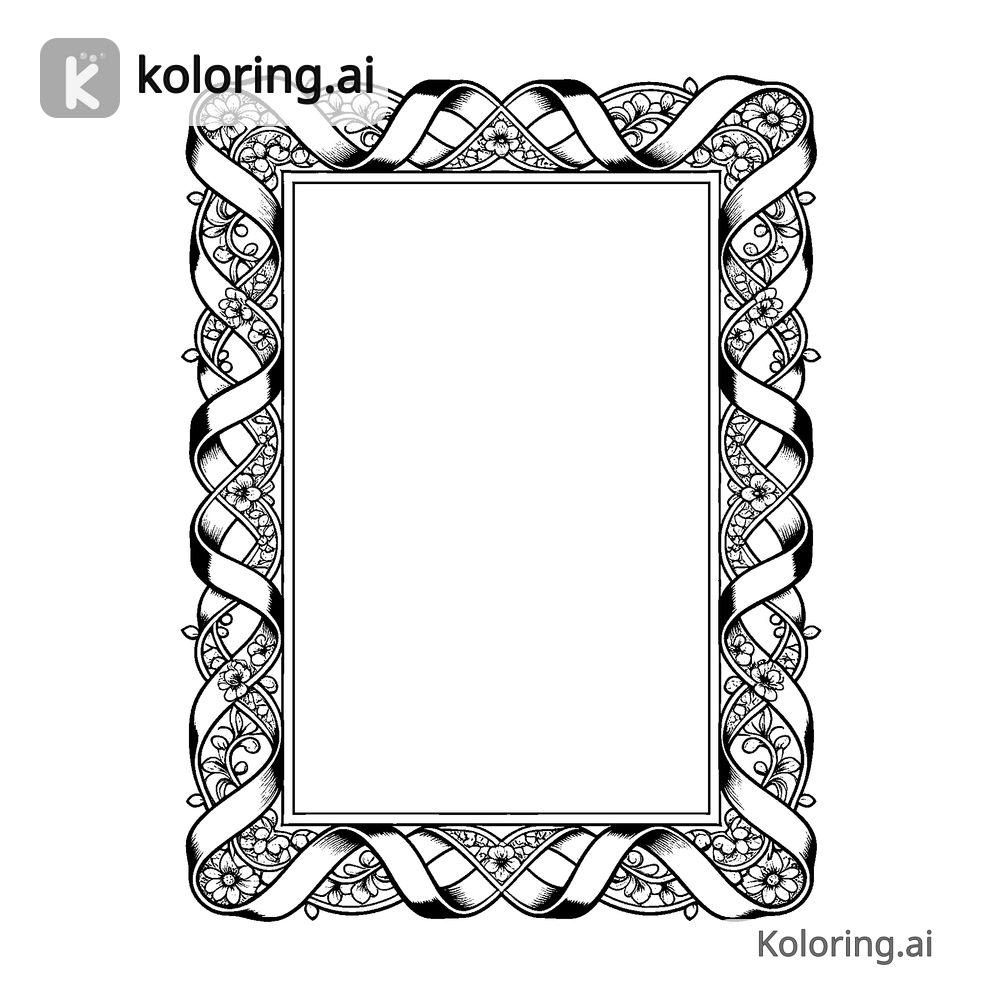 Black and white coloring page of ribbon pattern border framing a blank card