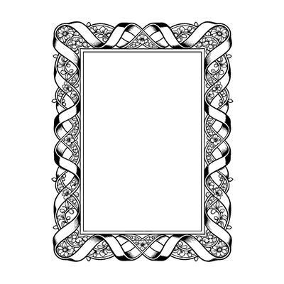 Black and white coloring page of ribbon pattern border framing a blank card