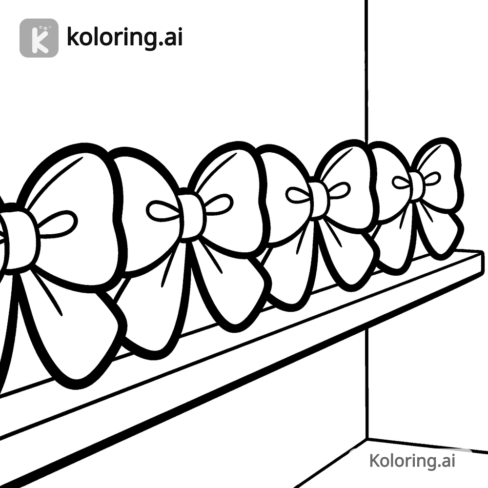 Black and white coloring page of row of bows lined along a shelf edge