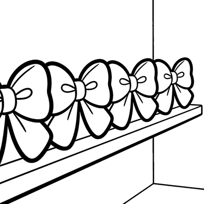 Black and white coloring page of row of bows lined along a shelf edge