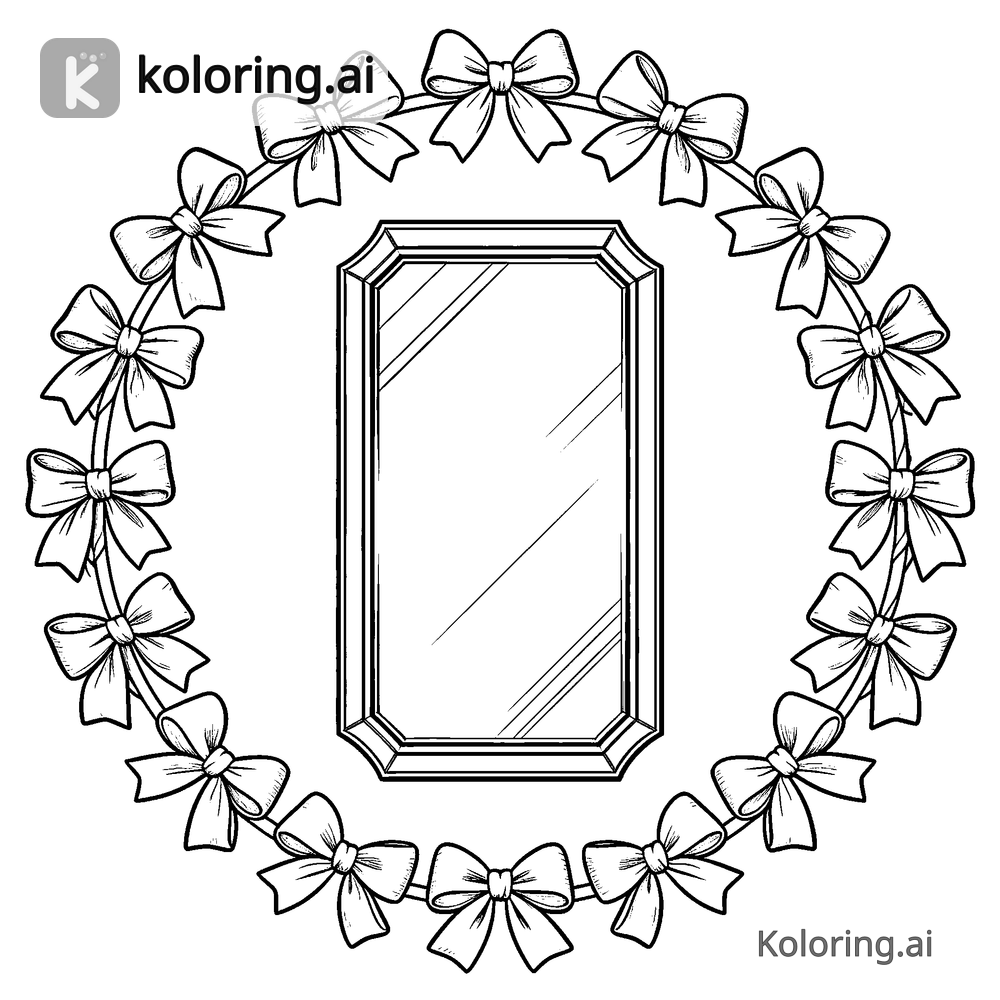 Black and white coloring page of wreath of small bows circling a wall mirror