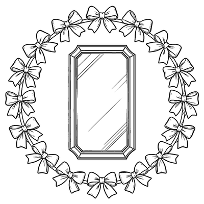 Black and white coloring page of wreath of small bows circling a wall mirror
