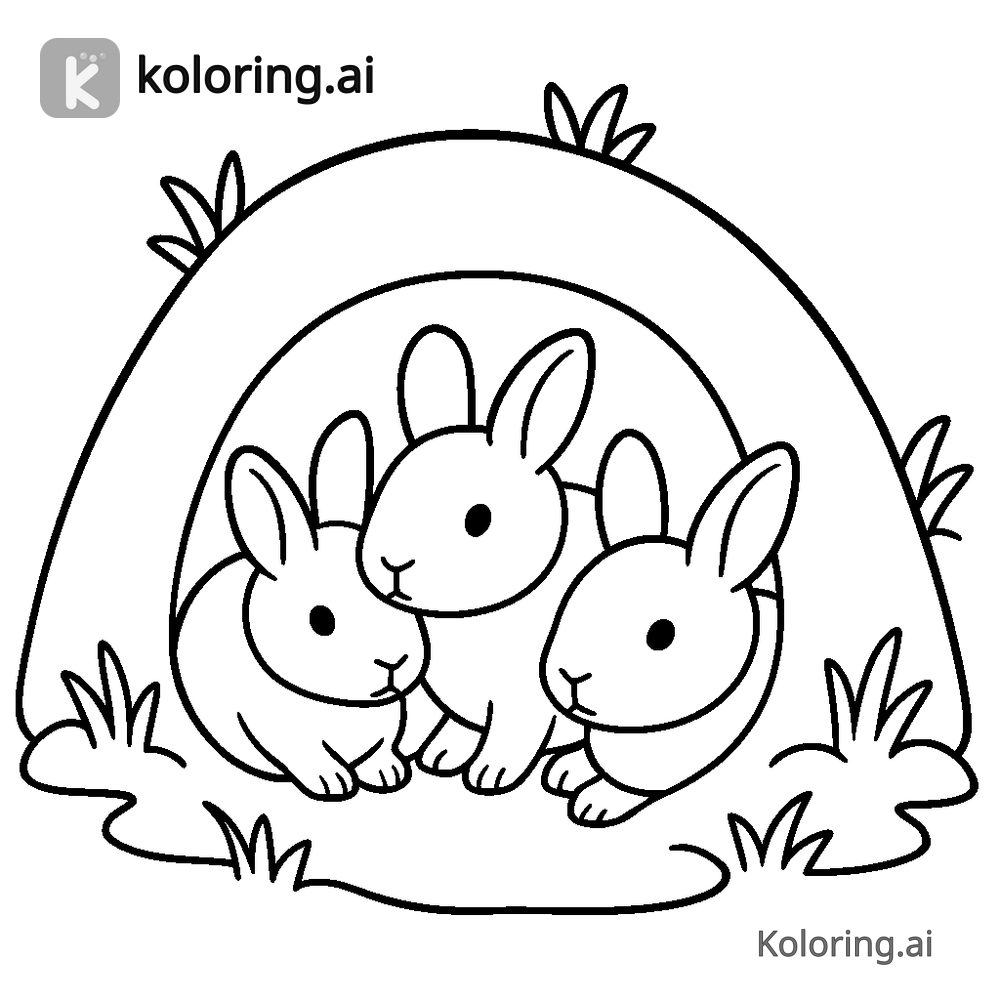 Black and white coloring page of baby bunnies in a grassy burrow