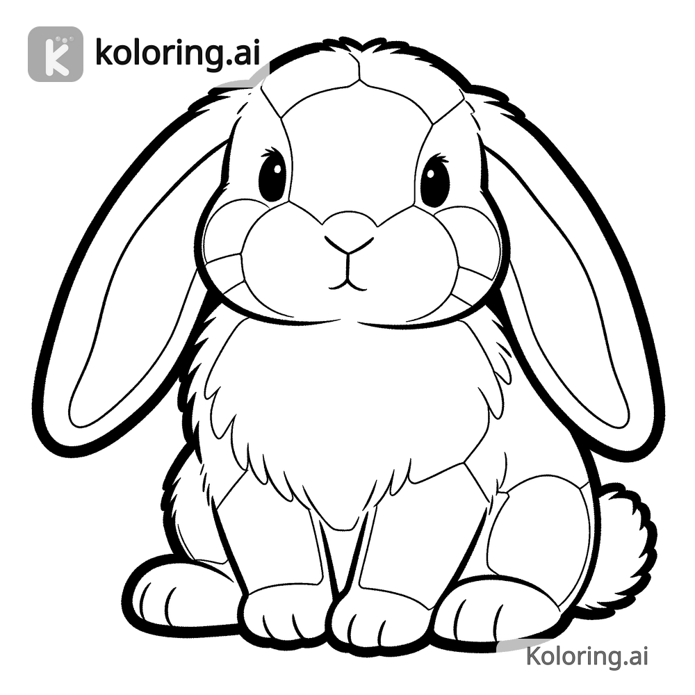 Black and white coloring page of baby bunny with floppy ears