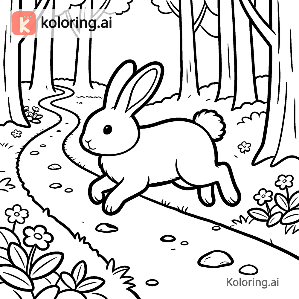 Black and white coloring page of bunny hopping along a forest path in spring