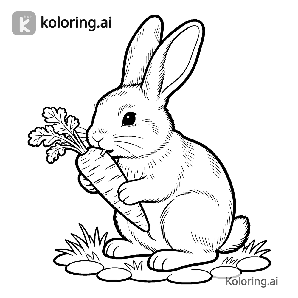 Black and white coloring page of bunny holding a giant carrot