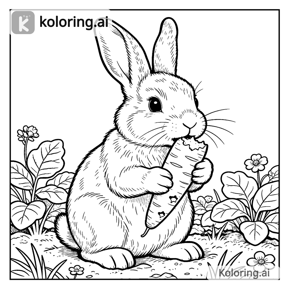 Black and white coloring page of bunny nibbling a carrot in the garden