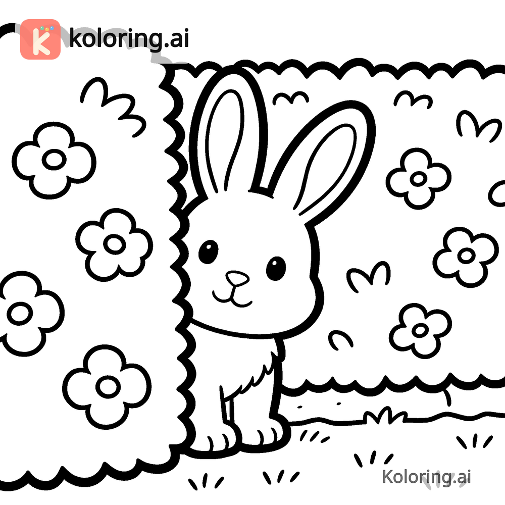 Black and white coloring page of bunny peeking out from behind a garden hedge