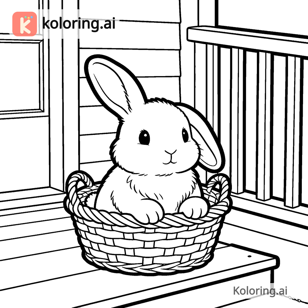 Black and white coloring page of bunny sitting in a wicker basket on a porch