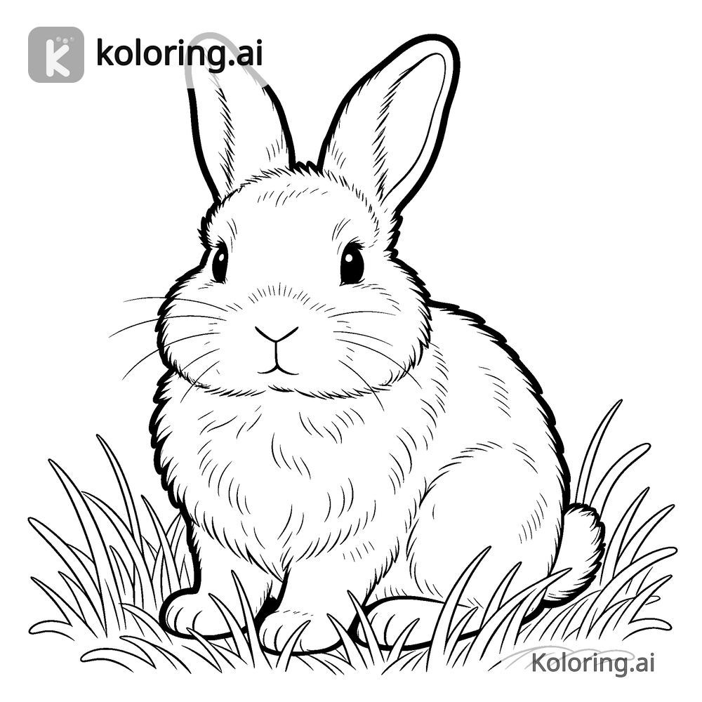 Black and white coloring page of fluffy bunny sitting in grass