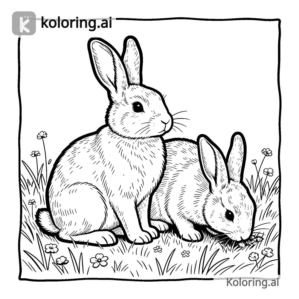 Black and white coloring page of two bunnies in a meadow
