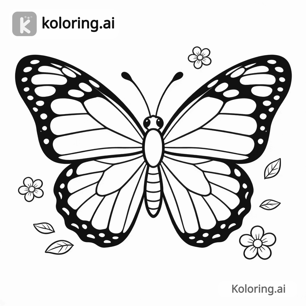 Black and white coloring page of beautiful monarch butterfly with detailed wings