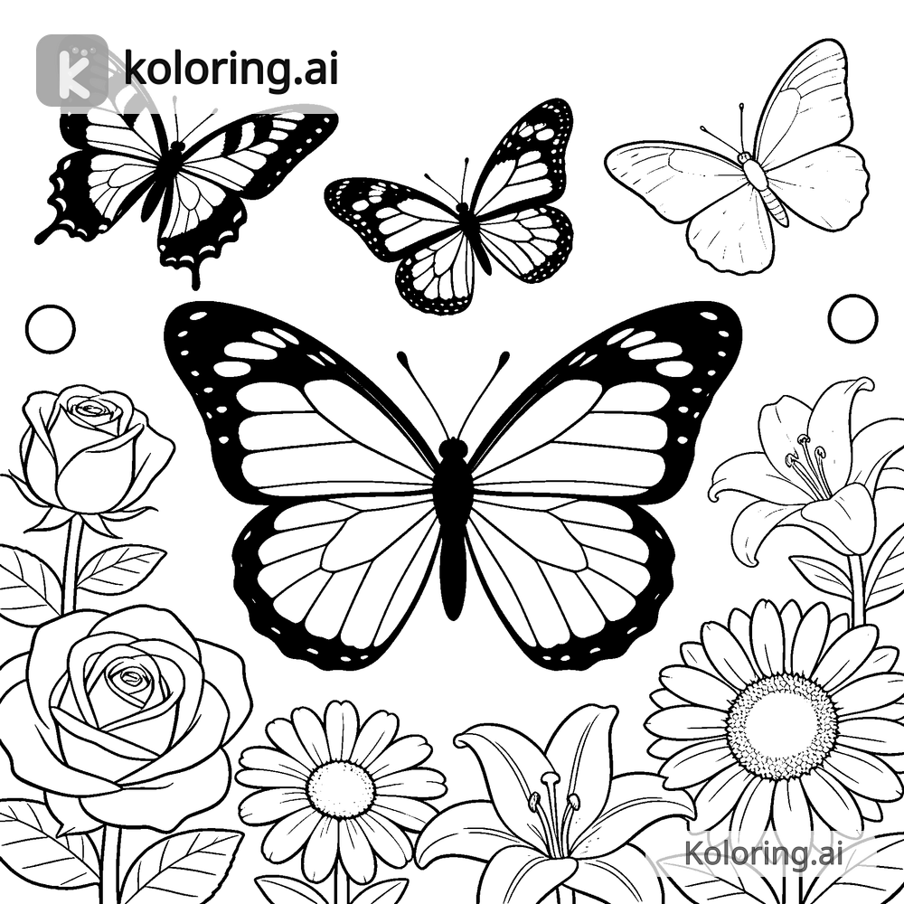 Black and white coloring page of butterfly garden with many species