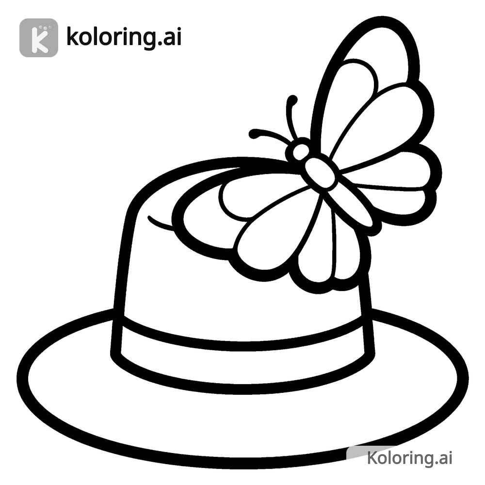 Black and white coloring page of butterfly landing on a wide-brimmed sun hat