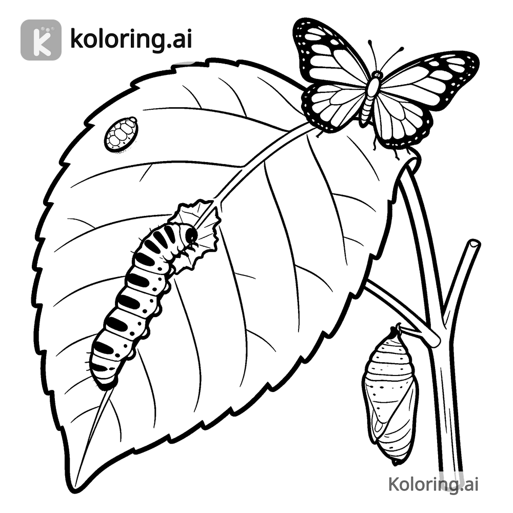 Black and white coloring page of butterfly life cycle on a leaf