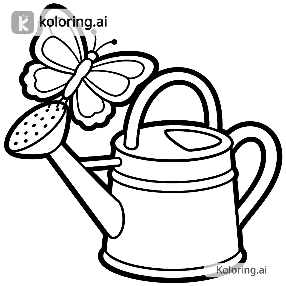 Black and white coloring page of butterfly perched on a garden watering can