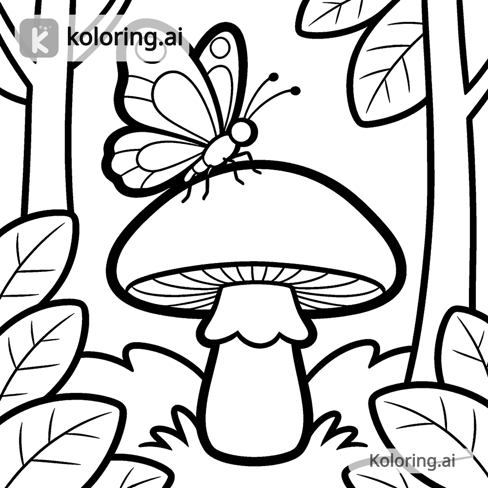 Black and white coloring page of butterfly perched on a mushroom in the forest