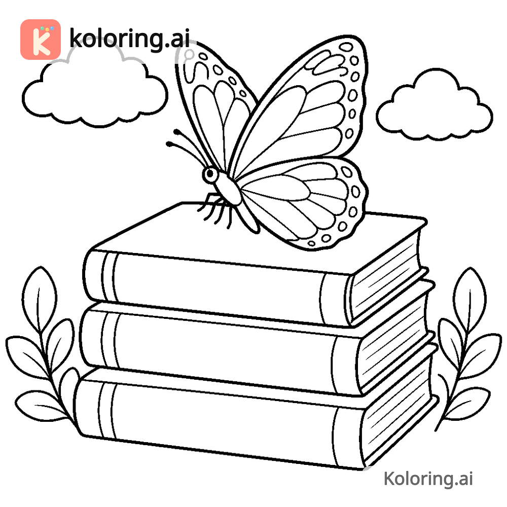 Black and white coloring page of butterfly resting on a stack of books