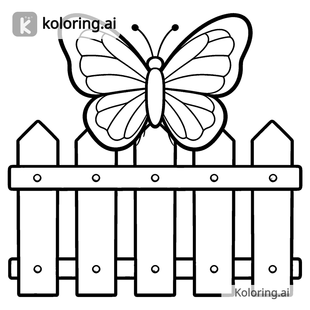 Black and white coloring page of butterfly sitting atop a picket fence