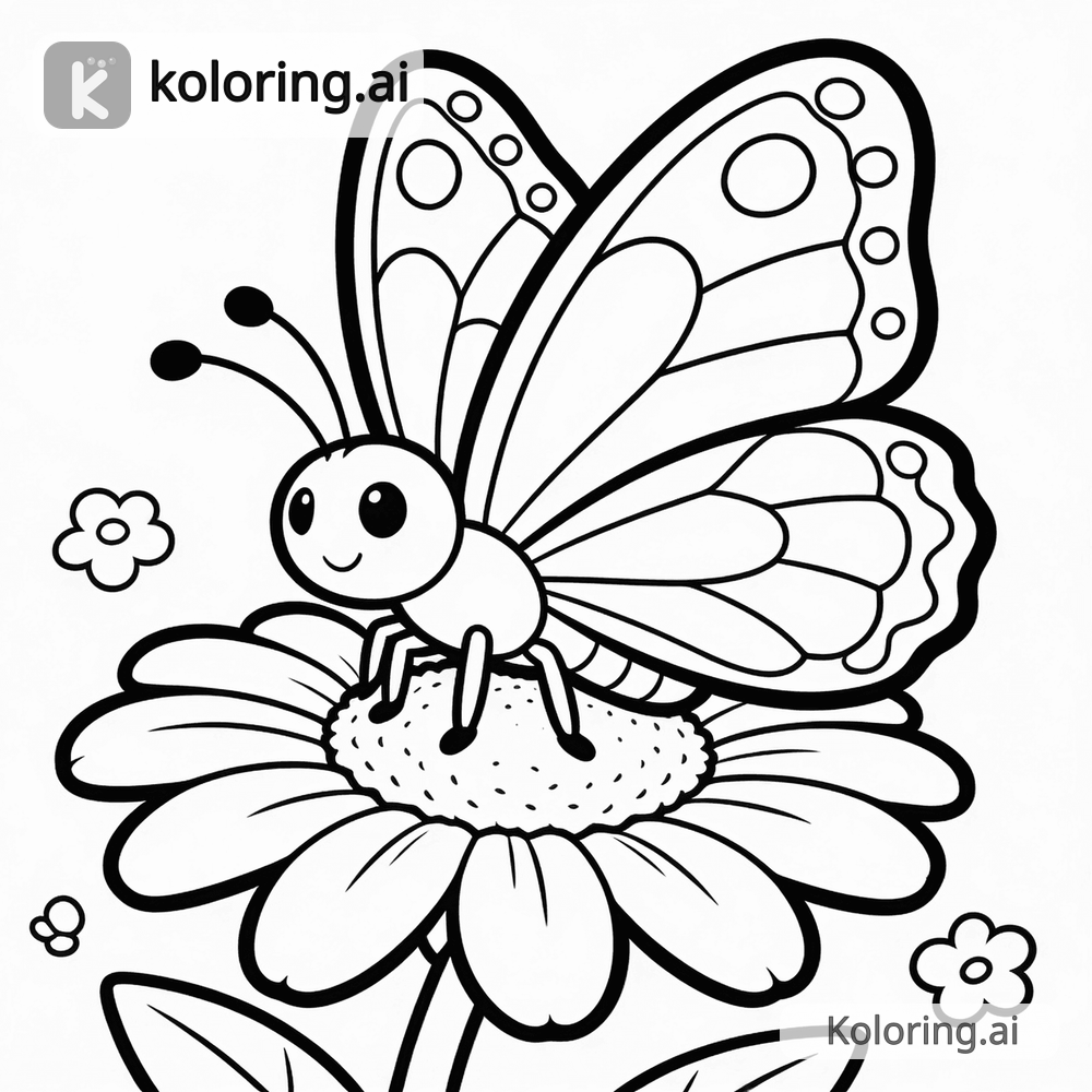 Black and white coloring page of butterfly sitting on a daisy flower