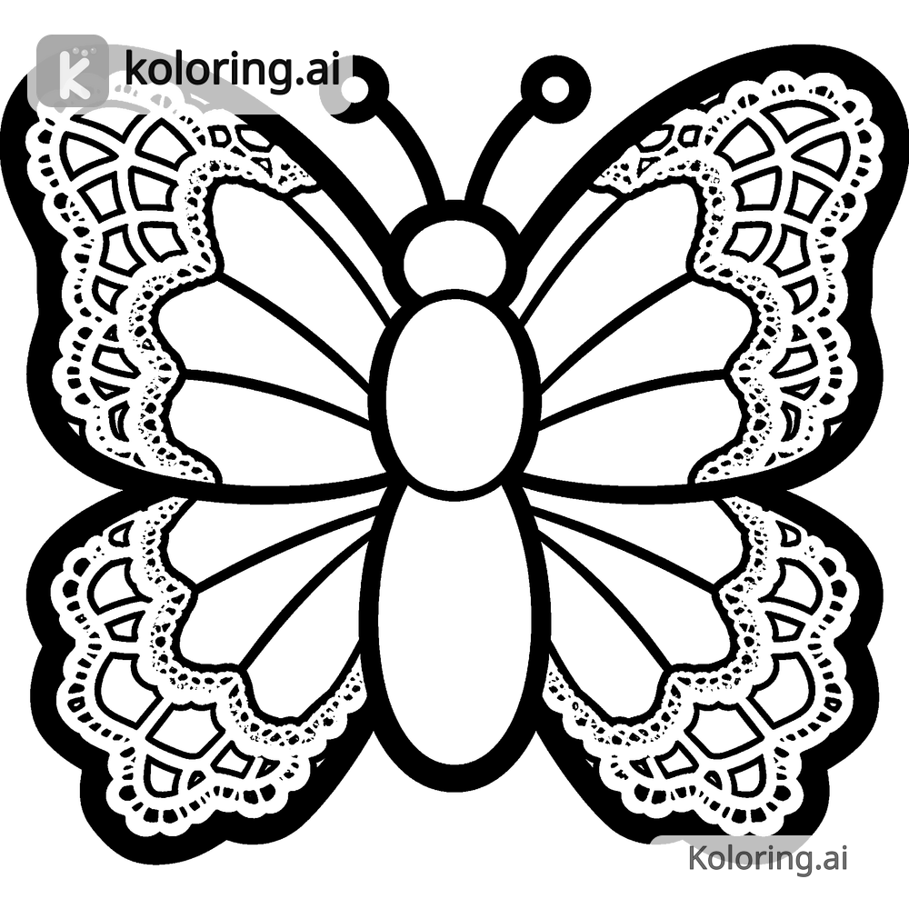 Black and white coloring page of butterfly wings made of lace patterns