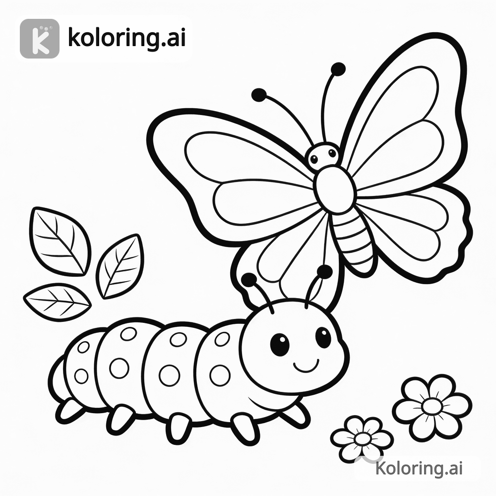 Black and white coloring page of cartoon caterpillar becoming a butterfly