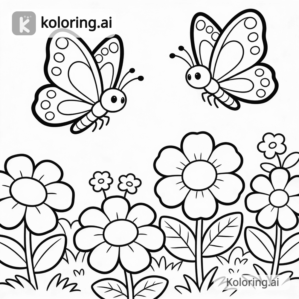 Black and white coloring page of two butterflies dancing over a garden