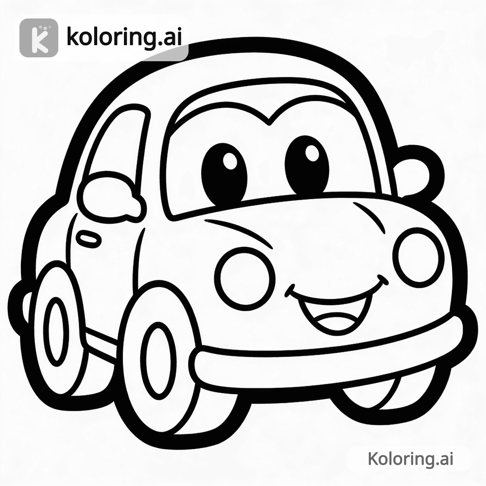 Black and white coloring page of cute cartoon car with a smiling face