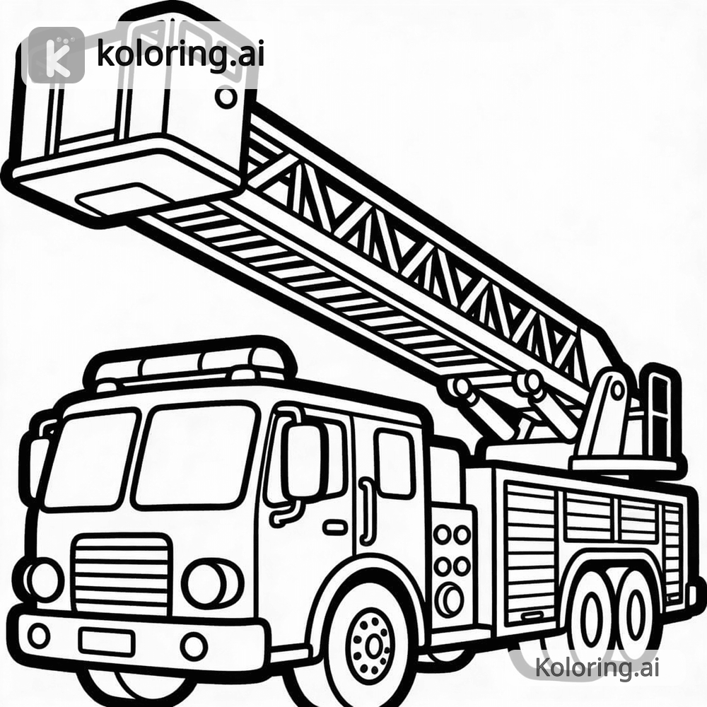 Black and white coloring page of fire truck with ladder extended