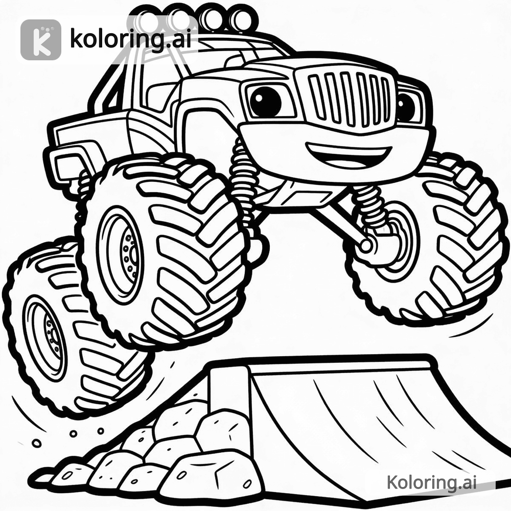 Black and white coloring page of monster truck jumping over a ramp