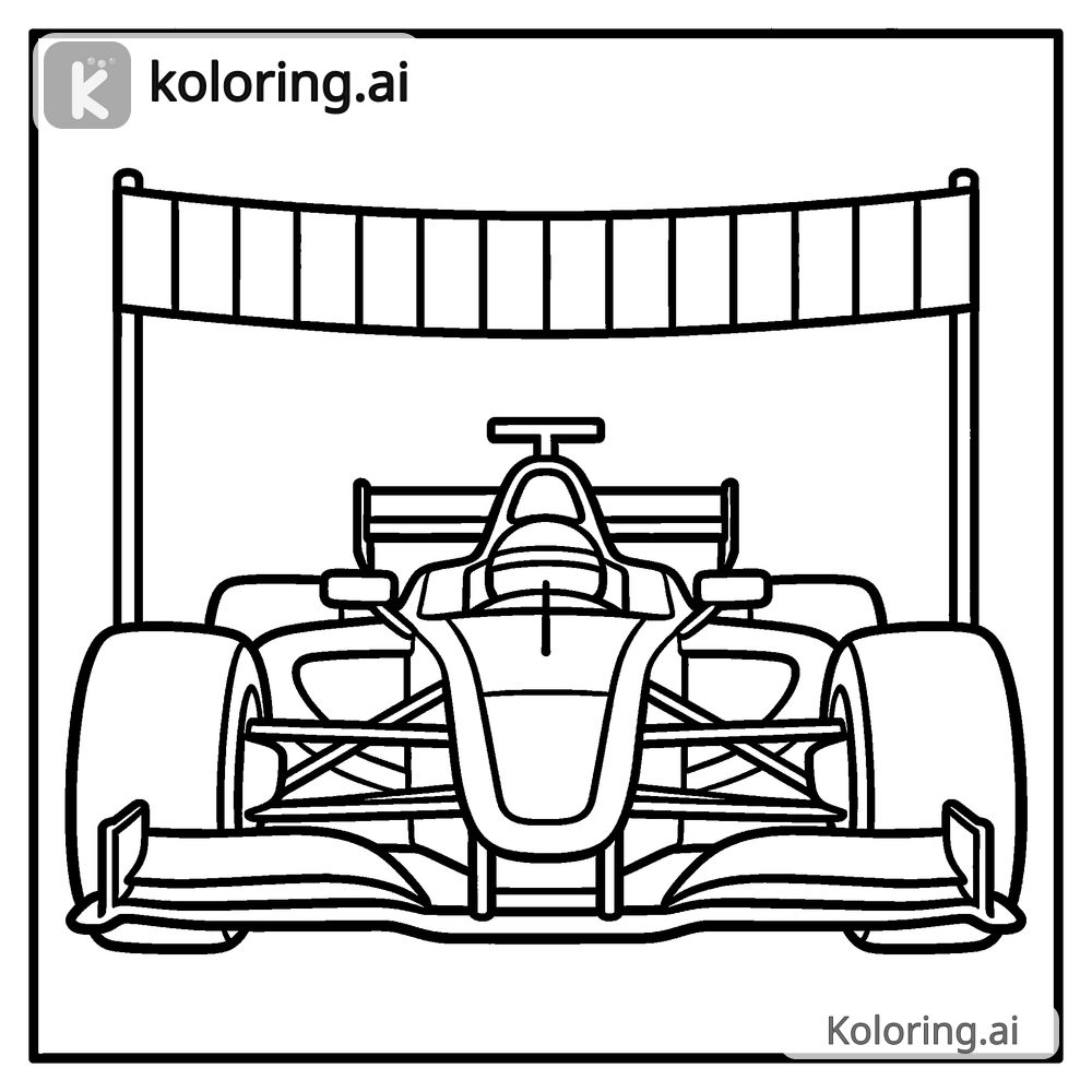 Black and white coloring page of race car crossing the finish line