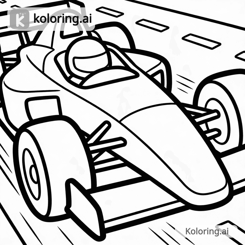 Black and white coloring page of race car speeding on a track