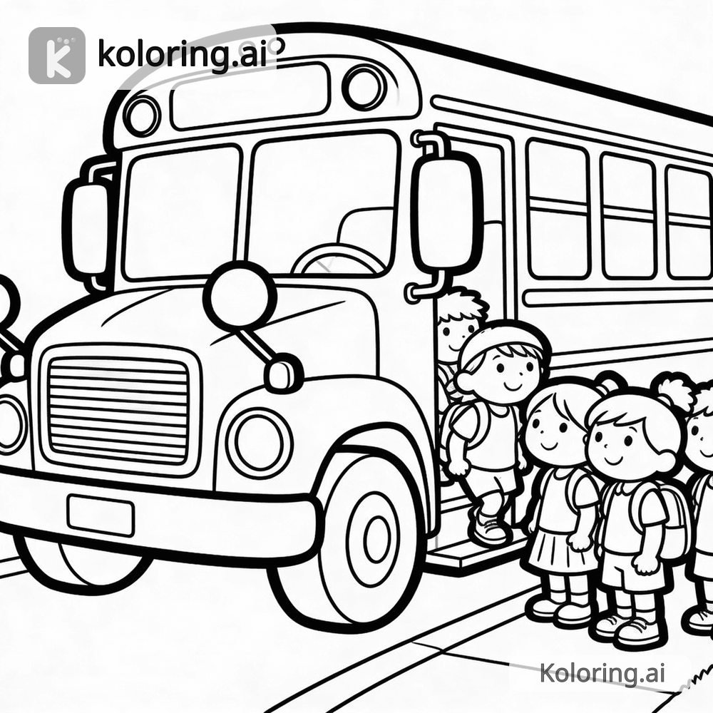 Black and white coloring page of school bus picking up kids