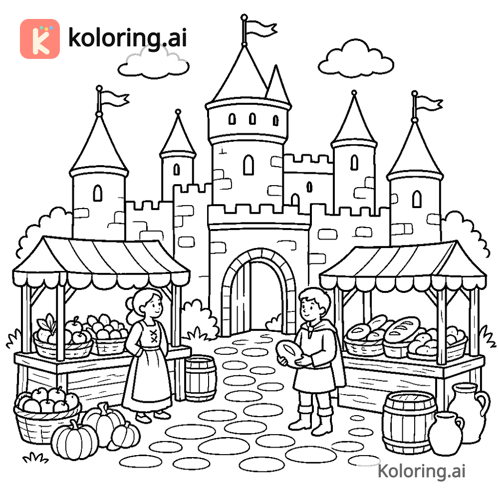 Black and white coloring page of castle courtyard filled with market stalls
