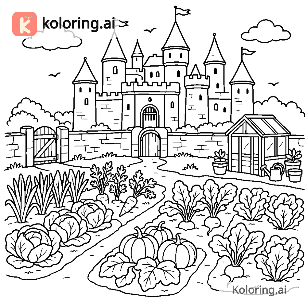 Black and white coloring page of castle kitchen garden with rows of vegetables