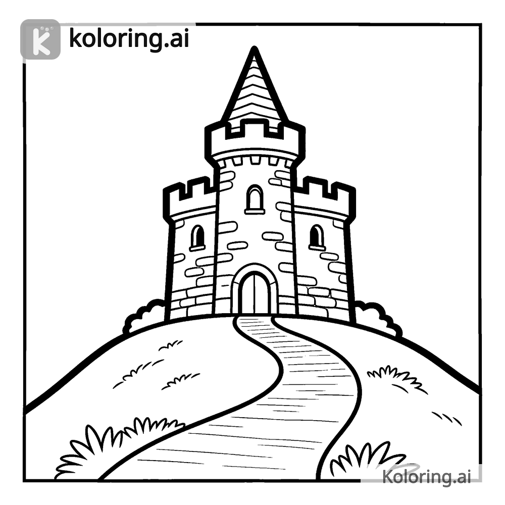 Black and white coloring page of castle on a hill with a winding path